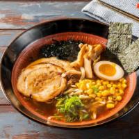 U#3 Pork Belly Shoyu Udon · Chashu pork, 1/2 marinated egg, wakame, Naruto, Atsuyaki Tamago, scallions and nori with Sho...