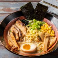 U#9 Grill Chicken Udon · Chashu chicken, 1/2 marinated egg, wakame, Naruto, Atsuyaki Tamago, scallions and nori with ...