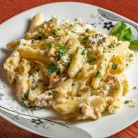 Mushroom Penne · Penne style pasta beaded with diced cooked mushrooms. Customer's choice of red or white sauce.