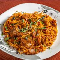 Meat Sausage Spaghetti · Spaghetti style pasta beaded with warm meat saugus.