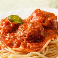 Meatballs Spaghetti · Spaghetti style pasta beaded with fresh cooked beef meatballs and marinara sauce.