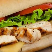 Grilled Chicken Hero · A long sandwich on a roll.