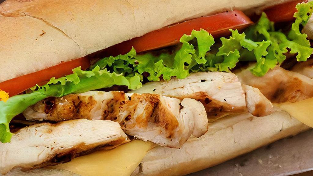 Grilled Chicken Hero · A long sandwich on a roll.
