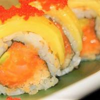Golden Autumn Roll · Spicy. Spicy crunchy salmon and avocado inside topped with fresh Mango, tobiko served with  ...