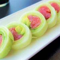 Naruto Roll (6Pcs) · Choice of raw fish: kani, salmon, tuna OR yellowtail and avocado wrapped with cucumber serve...