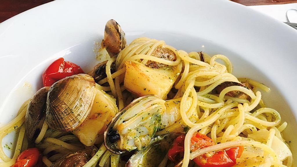 Spaghetti Frutti Di Mare · Spaghetti, shrimp, clams, scallops, cherry tomatoes.