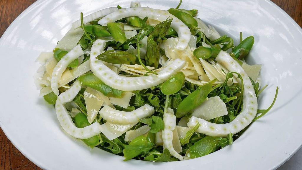Arugula Salad · Arugula, shaved fennel, shaved parmesan cheese and asparagus with a lemon vinaigrette.