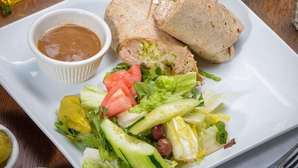 Tuna Wrap · Comes with lettuce and tomato. Served with side house salad.