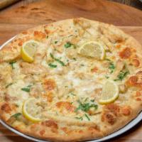 Chicken Francese Pizza · Battered chicken, sautéed in a lemon butter white wine sauce & mozzarella.