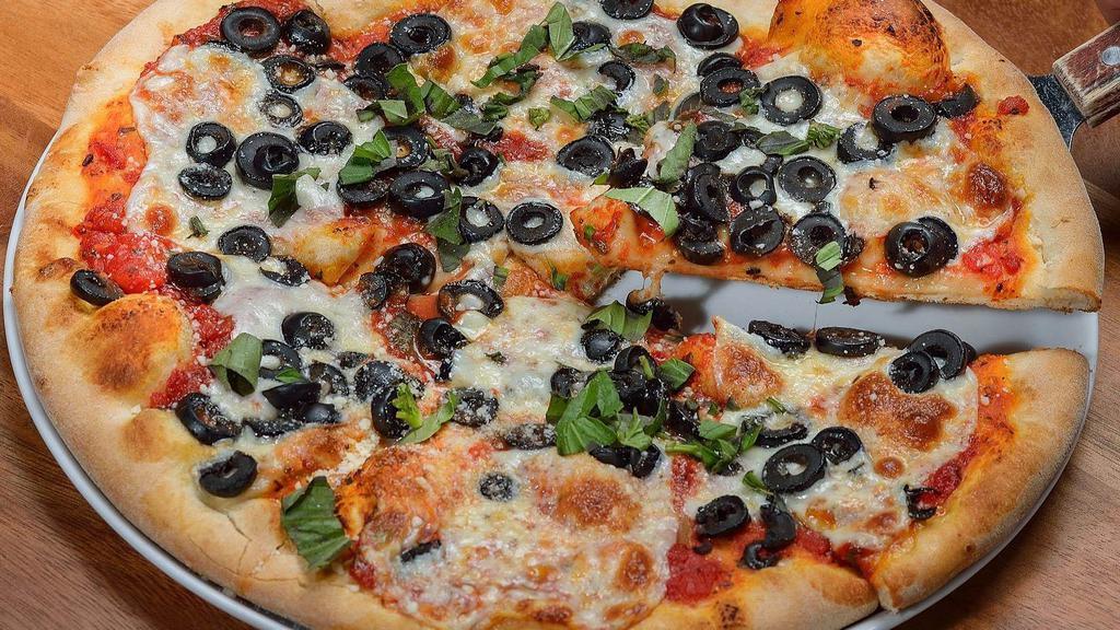 Paesano Pizza · Black olives, plum tomatoes, garlic, olive oil, basil, fresh mozzarella & Romano cheese.