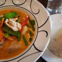 🏆(L)Panang Curry🏆 · Served with Jasmine Rice. Coconut milk, string bean and red pepper.