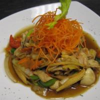 (L)Ginger Sauce · Served with Jasmine Rice. Onion, red pepper, carrot, mushroom, scallion and ginger sauce.