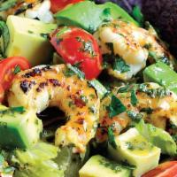 Shrimp And Avocado Salad · Organic mixed greens, cucumbers, tomatoes, carrots, avocado, marinated wild gulf shrimp, tor...