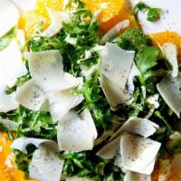  Arugula & Fennel Salad · Shaved fennel, avocado, orange wedges, avocado, green olives, cucumbers, tomatoes, Parmesan,...