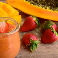 Mango Sunrise Smoothie · Fresh Strawberries and Mango syrup blended with Non-Fat vanilla yogurt