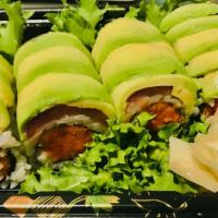 Tuna Hana Roll · New. Crunchy spicy tuna roll topped w. slices layer of tuna and another layer of avocado.