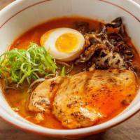 Musashi Pork Shio Red Ramen · Spicy. Flat thick noodles in a salt-based 