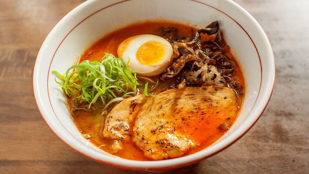 Kojiro Chicken Shio Red Ramen · Spicy. Wavy, thick egg noodles in a salt-based 