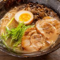Miso Pork Ramen · Flat, thick noodles in a miso-based 