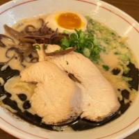 Kojiro Chicken Shio Black Ramen · Wavy, thick egg noodles in a salt-based 