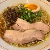 Soy Sauce · Soy sauce based ramen noodle soup with pork cha-siu or chicken cha-siu, scallion and menma.