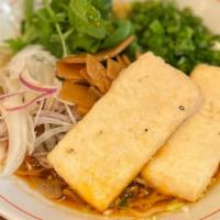 Vegetable Spicy · Soy sauce based vegetable spicy ramen noodle soup with fried tofu, scallion, spinach, onion ...