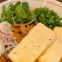 Vegetable · Soy sauce based vegetable ramen noodle soup with fried tofu, scallion, spinach, onion and ra...