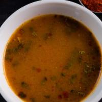 Tom Yum - Fragrant Spicy Soup · Gluten free. Lemongrass broth-lime leaves-chili-galangal oyster mushroom-tomatoes-mushrooms-...
