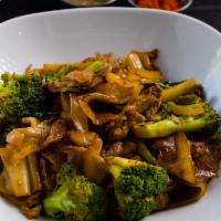 Pad See Ew · Flat noodles-chinese broccoli-eggs-broccoli-dark soy sauce.