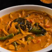 Red Curry · Gluten free. Mixed bell peppers, coconut cream, onions, carrots, bamboo shoots, basil leaves...