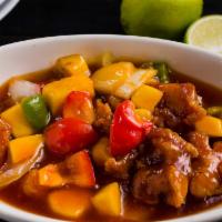 Malay Mamak Mango Chicken · Gluten free. Sweet-n-sour chicken thighs with green mango-onions and peppers.