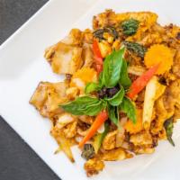 Drunken Noodles · Sautéed flat rice noodles with chili pepper, onion, fresh basil and egg.