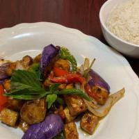 Eggplant Basil · Eggplant with basil leaf, chili, and bean sauce with special sauce with soy bean paste. Serv...