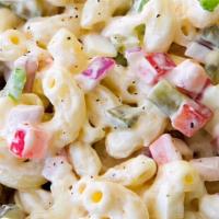 Classic Macaroni Salad · Elbow macaroni, vegan mayo, mild banana peppers, red onion, bell peppers, red wine vinegar a...