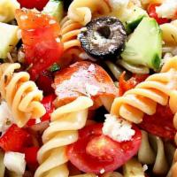 Italian Pasta Salad · Tri-color pasta, Italian dressing, black olives, mild banana peppers, red onion, bell pepper...