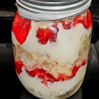 Strawberry Shortcake Jar · Vanilla cake layered with pastry cream strawberries and strawberry cream filling.