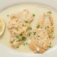 Chicken Francese · Chicken breast dipped in egg batter with white wine & lemon sauce.