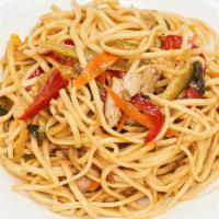 Chicken Lo Mein · Chicken breast, bell pepper, celery, carrots, garlic, linguini, soy sauce, salt, sugar, and ...