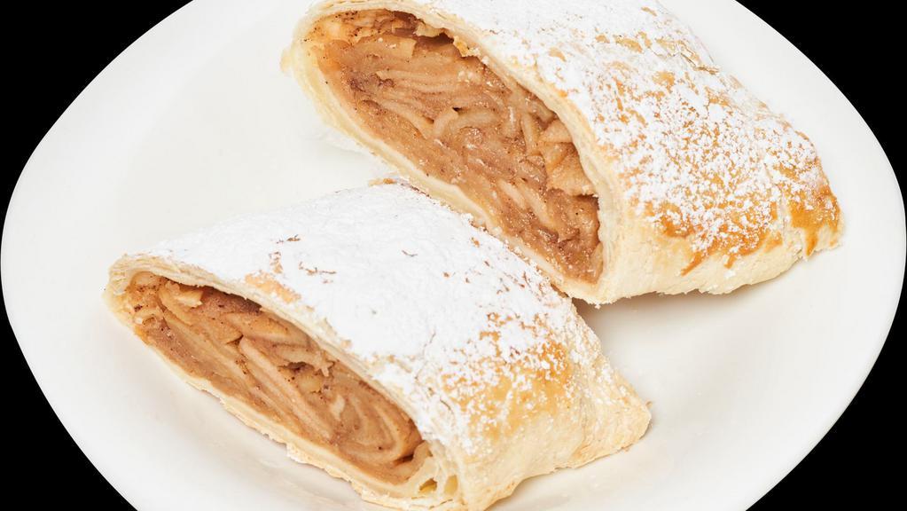 Apple Strudel(1 Pc) · French dough pastry, fresh apple, apple filling, cinnamon, sugar, and egg.