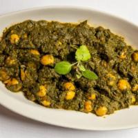 Chana Saag Bhajee · Chickpeas cooked in tomatoes and spinach.