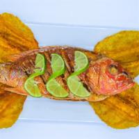 Pargo Rojo · Red snapper fried, rice, beans, plantain