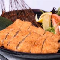 Chicken Katsu · Deep fried breaded chicken cutlet. Served with tonkatsu sauce. Served with miso soup, salad,...