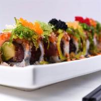 S&S Roll · Tuna, avocado, fresh salmon with five different kinds of caviar, seaweed salad tempura crunc...