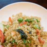 Green Curry Fried Rice · Extra Spicy - Eggplant, bamboo shoots, bell pepper, basil, green curry paste