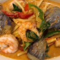 Thai Red Curry · Medium Spicy - Light in body with basil, bamboo shoot, bell pepper and eggplant