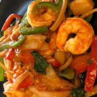 Sam Rod Shrimp · Medium Spicy - Basil, bell pepper, tomato, pineapples in sweet, sour, spicy tamarind sauce