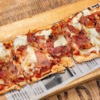 Sweet, Salty, Spicy Flatbread · Roasted Tomato Sauce, Prosciutto, Mozzarella Cheese + Fresh Garlic Drizzled With Mike's Hot ...