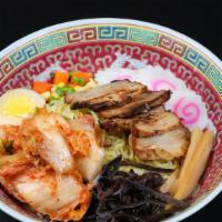 Korean Kimchi Ramen · Spicy. Served with, Kimchi, Pork Chashu, Bamboo Shoot, Marinated Egg, Scallion in Pork Bone ...