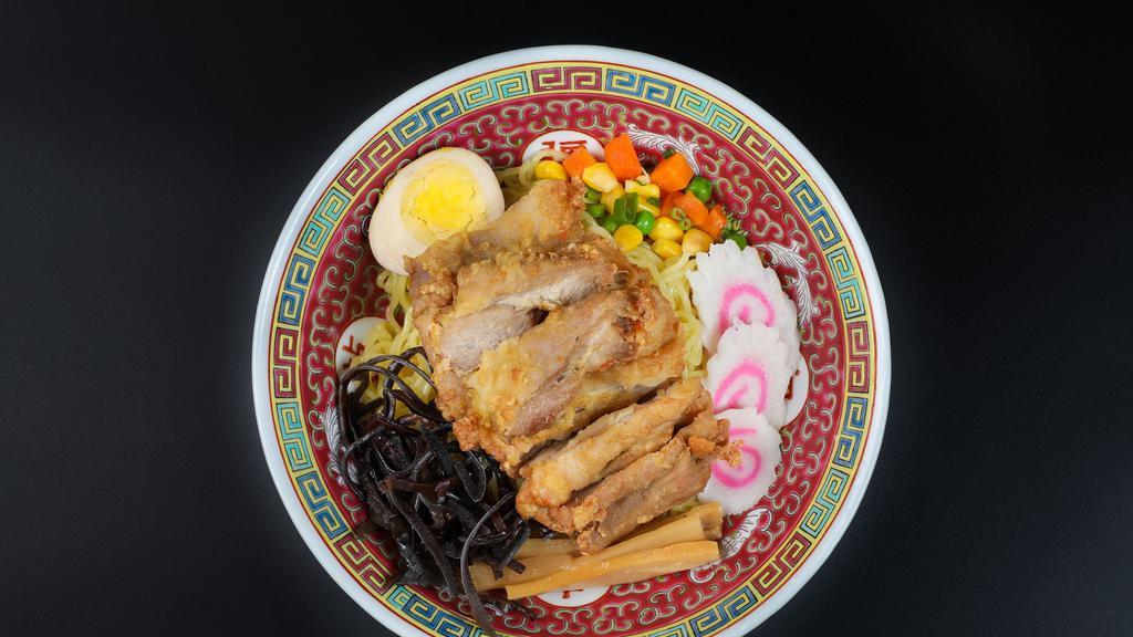 Chicken Ramen · Served with, Grilled Chicken, Bamboo Shoot, Marinated Egg, Scallion in miso soup