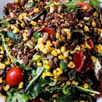 Harvest Salad · Baby kale, quinoa, roasted corn, tomato, toasted pumpkin seeds, cucumber, parsley, cilantro,...